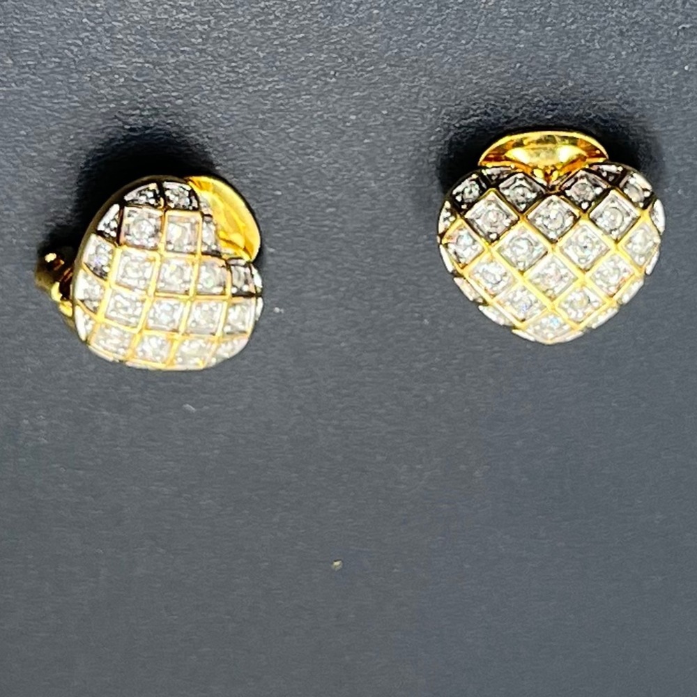 Swarovski Heart Pave Crystal Stud Earrings Clip On, Gold Tone 1990s Jewelry